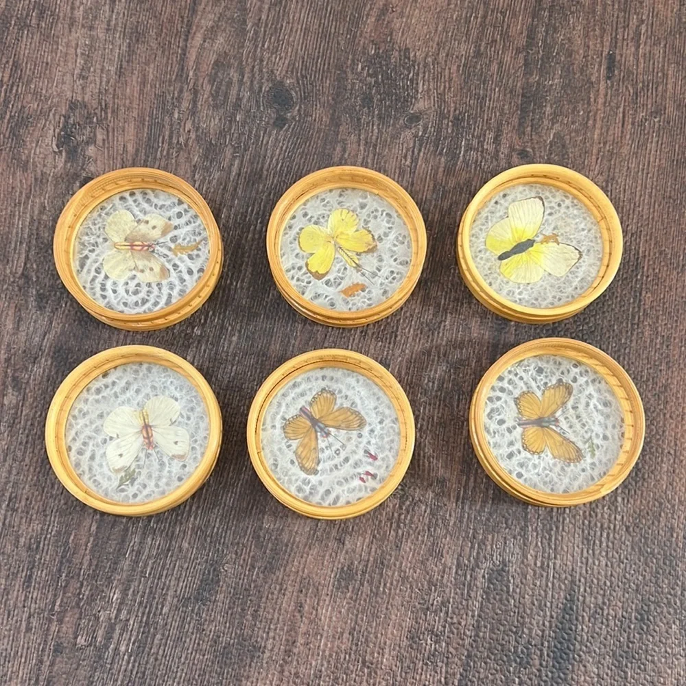Vintage Bamboo Wicker Woven Coasters Butterfly Design Set of 6 Boho‎ Tiki Bar